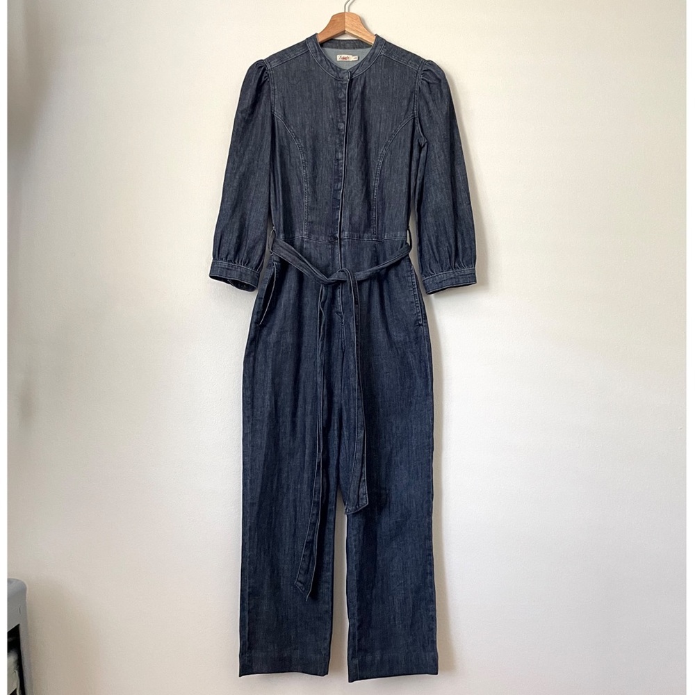 Faherty Stretch Denim Mandarin Collar Puff Sleeve Belted Dark Rinse Jumpsuit